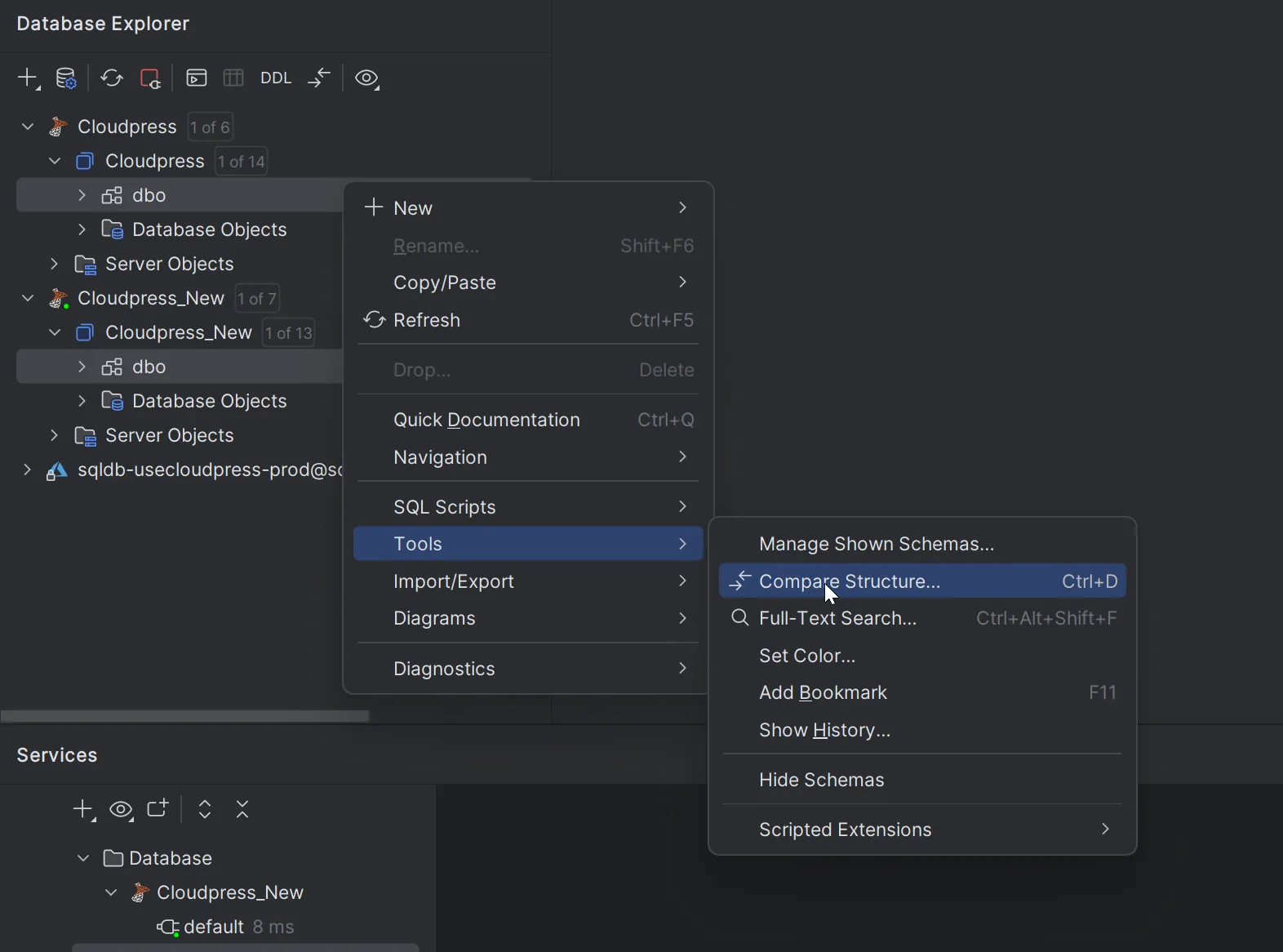 Compare the two databases in DataGrip