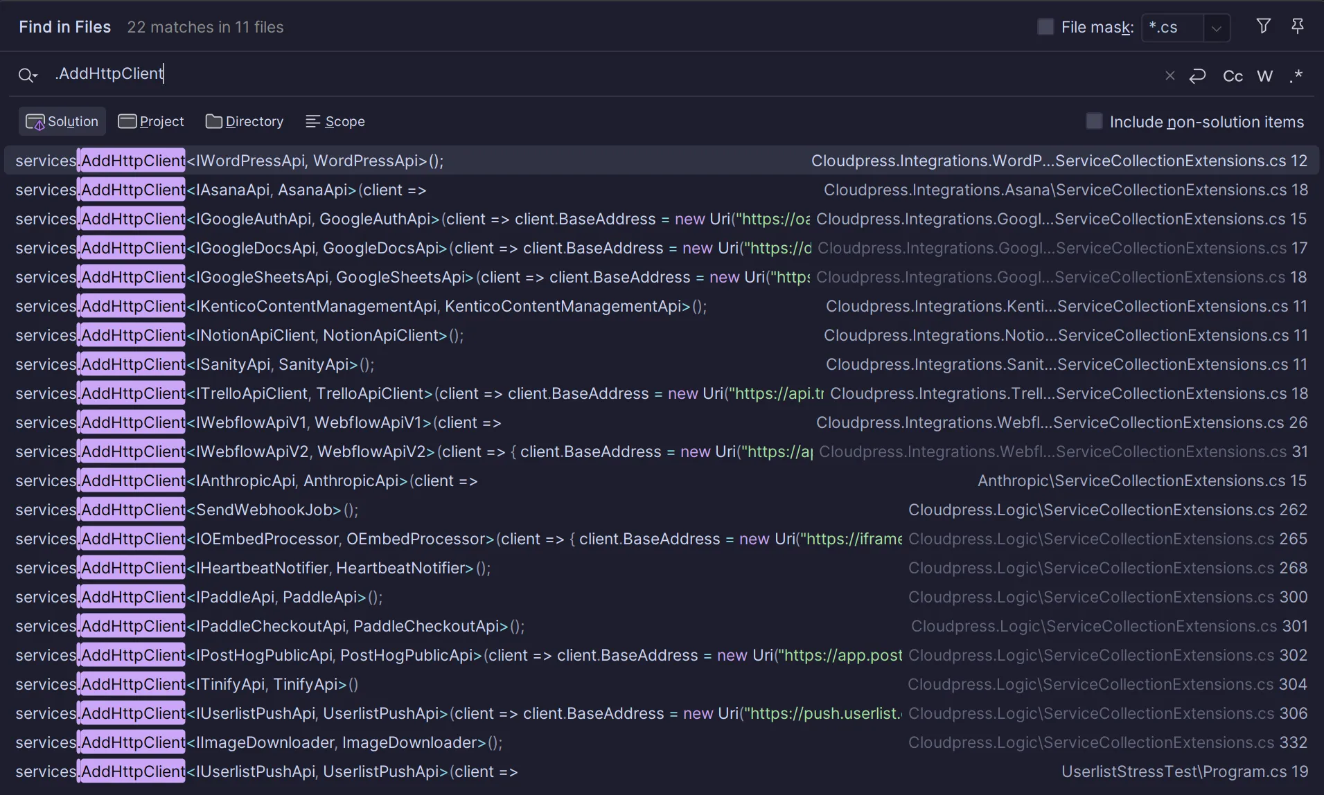 The current list of HTTP clients in the Cloudpress code base