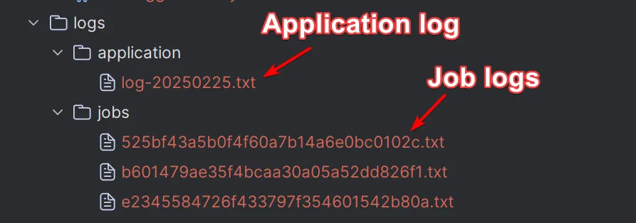 The application log and the individual job log files