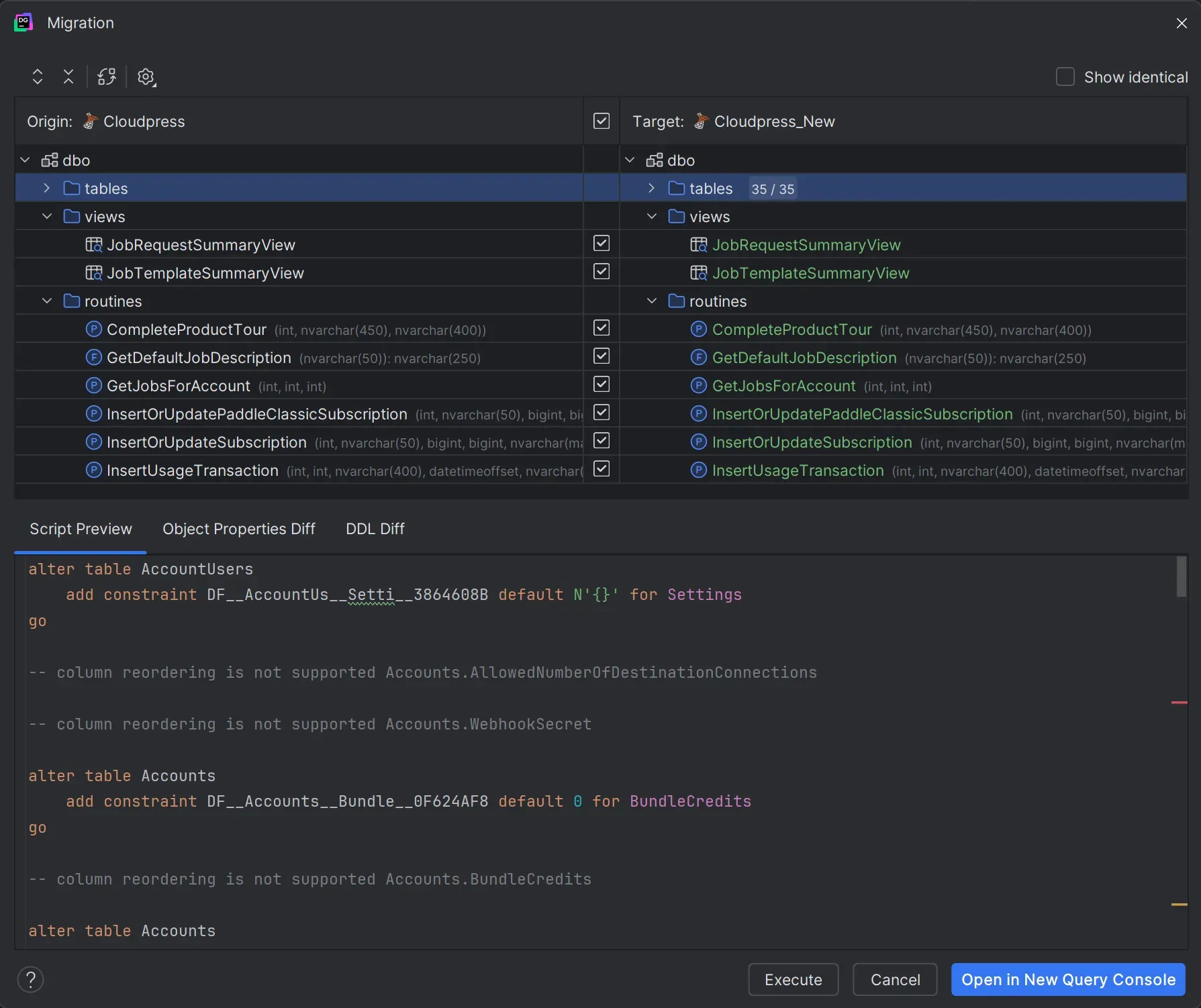 Schema differences for stored procedures and functions