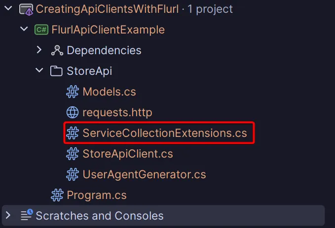 The ServiceCollectionExtensions class is colocated with the API client